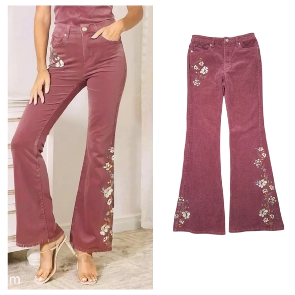 Corduroy Embroidered Flare Pants Floral Embroidered Sz 26 x 30 - Picture 1 of 10